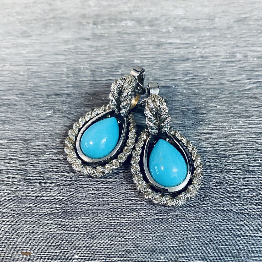 Vintage Susan Caplan Avon Roped Silver Tone Faux Turquoise Clip On Earrings
